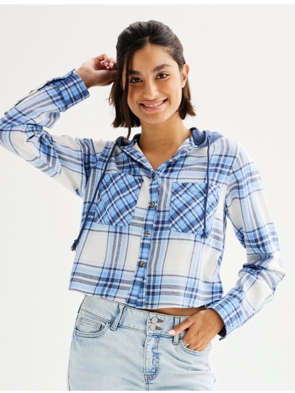 SO Plaid Button-Down Flanel Shirt with Hoodie